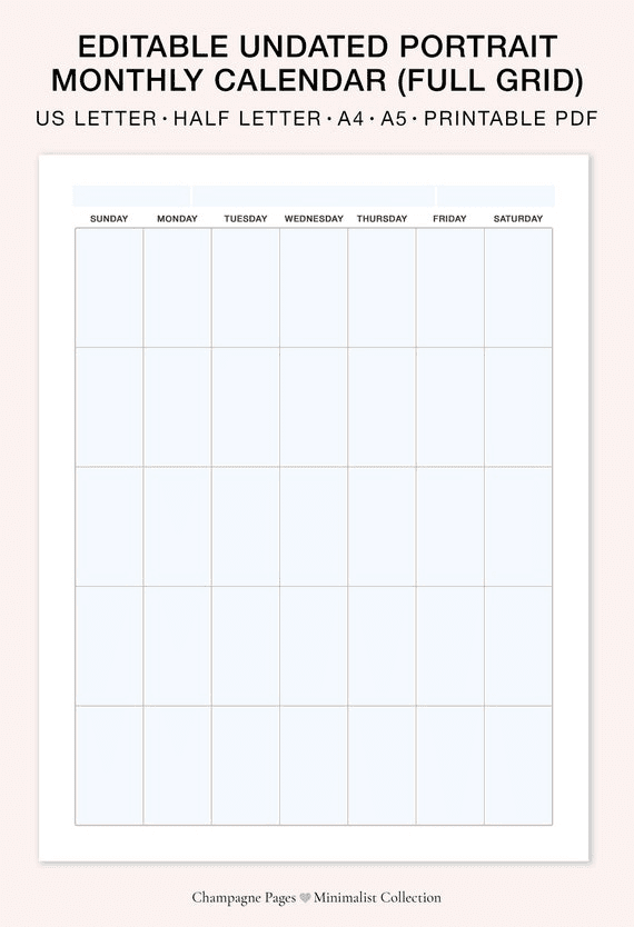 Portrait Editable/fillable Monthly Calendar, Printable Blank ...