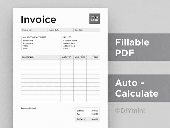Invoice Template | Editable | Fillable PDF Template | Auto ...