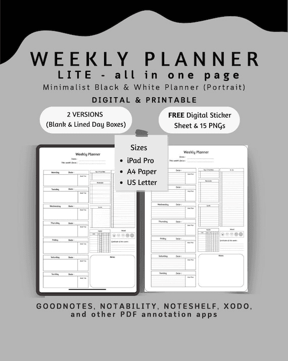 Minimalist Lite Weekly Planner Portrait Digital PDF Printable ...