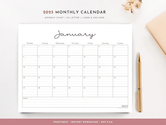 2025 Monthly Desk Calendar: Minimalist Lined & Unlined (PDF ...