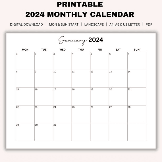 Printable 2024 Monthly Calendar Landscape, Year Calendar ...