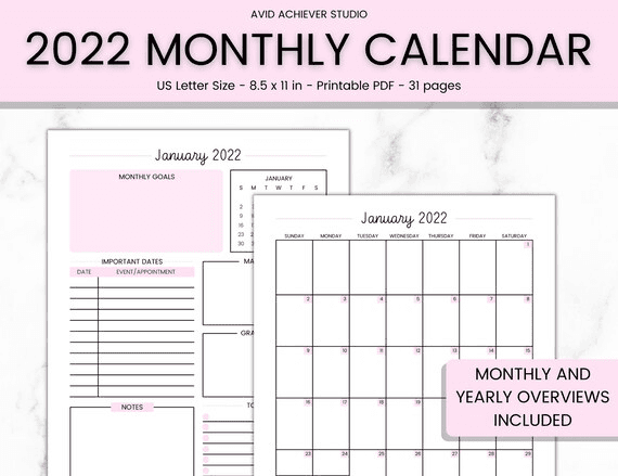 2022 Calendar Printable, Monthly Calendar Portrait, Monthly ...