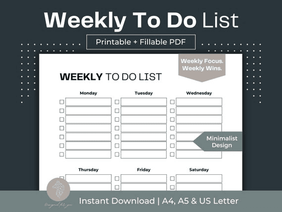 Minimalist Weekly To-do List Printable (fillable PDF, A4/a5/letter ...