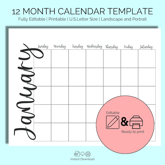 Monthly Blank Calendar Template, Editable, 12 Month Blank ...