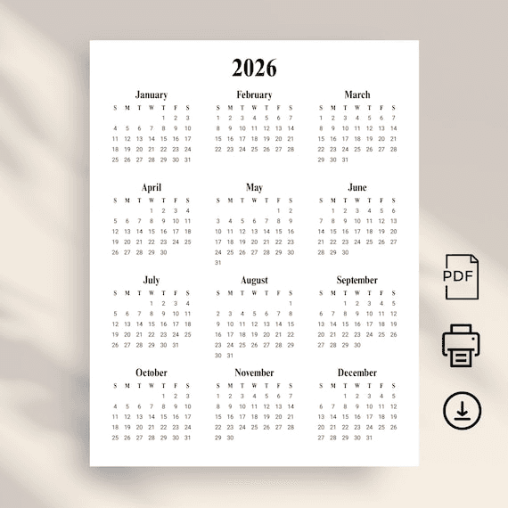 2026 Yearly Calendar 2026 Calendar Portrait Printable 2026 Wall ...
