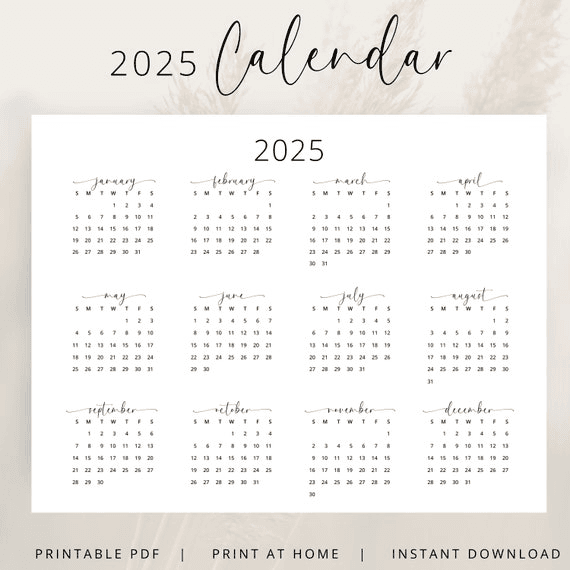 2025 Year Calendar 2025 Wall Calendar Landscape PRINTABLE PDF 2025 ...