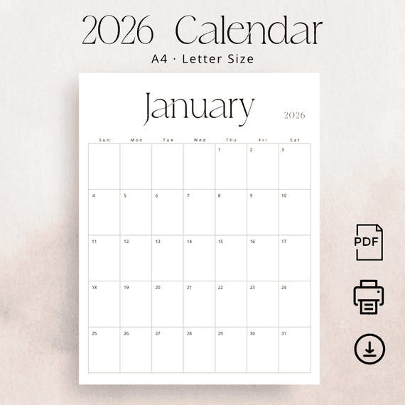 2026 Calendar 2026 Monthly Planner 2026 Wall Calendar PDF Stylish ...