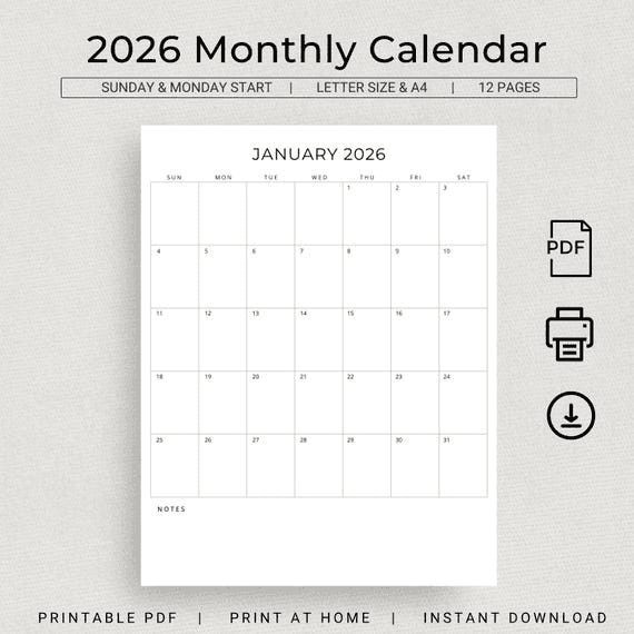 2026 Monthly Planner Portrait 2026 Calendar Printable Minimalist ...