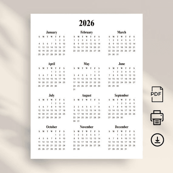 2026 Yearly Calendar 2026 Calendar Portrait Printable 2026 Wall ...