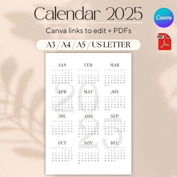 2025 Calendar Numbers - Minimalist Design - PDF Printable and Link ...