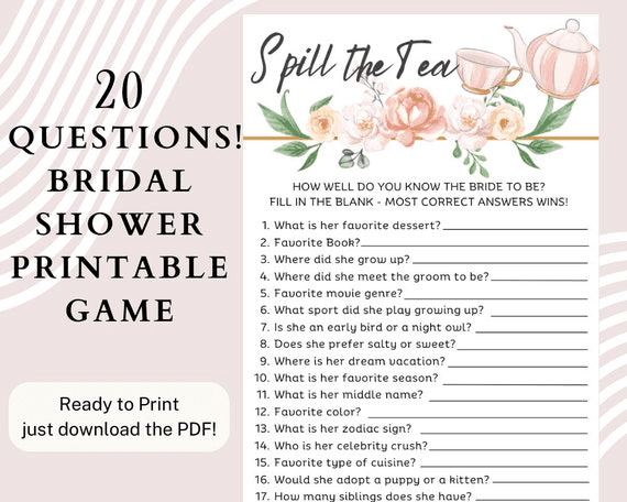 Spill the Tea | Bridal Shower Party Game | 20 Questions| Printable ...