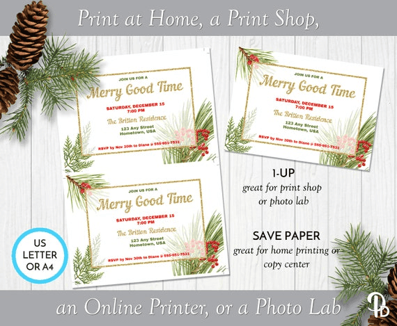 Pine Boughs and Red Berries Christmas Party Invitation, Holiday ...