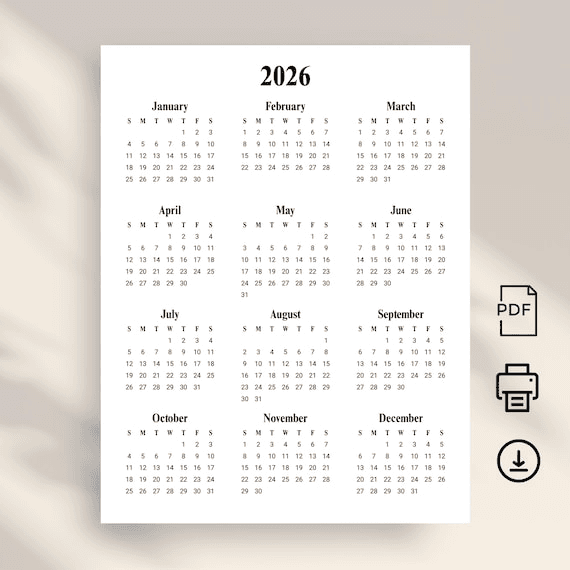 2026 Yearly Calendar 2026 Calendar Portrait Printable 2026 Wall ...