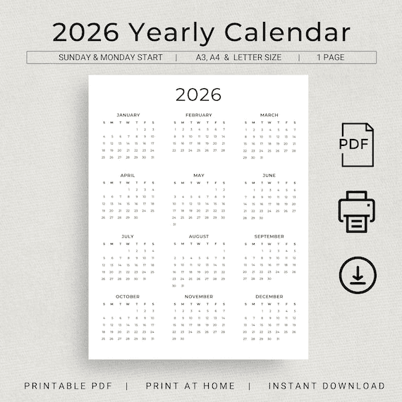 2026 Calendar 2026 Yearly Calendar Printable 2026 Wall Calendar ...