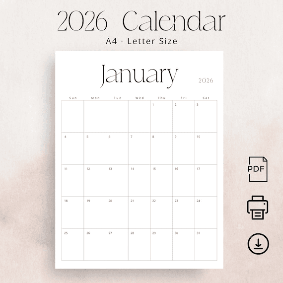 2026 Calendar 2026 Monthly Planner 2026 Wall Calendar PDF Stylish ...