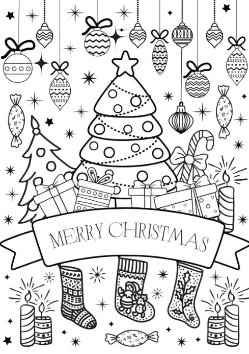 Black and white Festive Line Art Christmas Coloring Page Worksheet ...