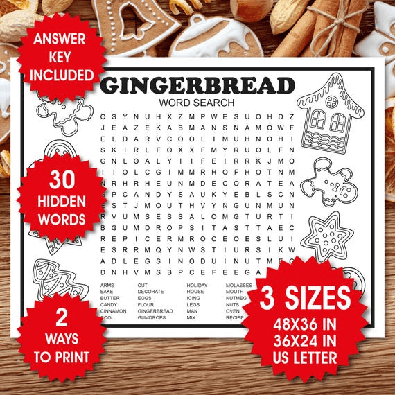 Giant Gingerbread Word Search, Christmas Game, Printable Christmas ...