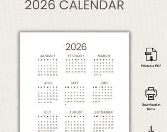 2026 Yearly Calendar 2026 Calendar Printable 2026 Wall Calendar ...
