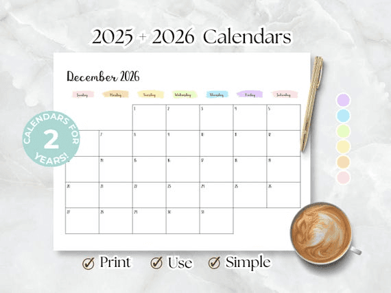 2025 Calendar Printable Blank PDF 2025 2026 Calendar Landscape A4 ...