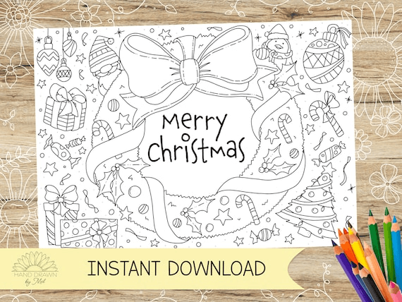 Merry Christmas Coloring Placemat: Hand-drawn PDF (A4/US Letter ...