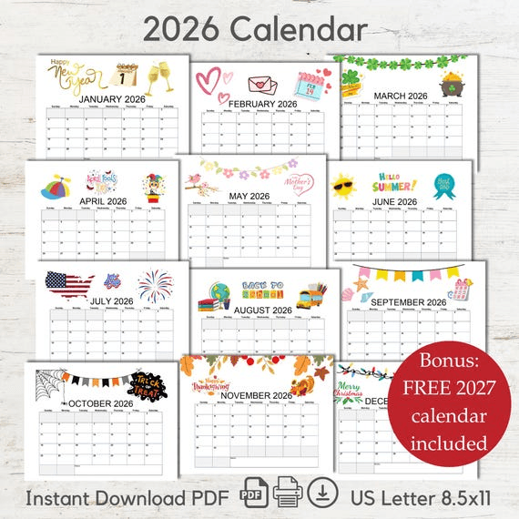 2026 Printable 12 Month Calendar Pdf Download Printable New Year ...