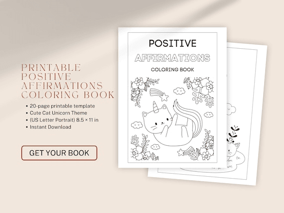 Positive Affirmations Coloring Book | Cat Unicorn Theme (digital ...