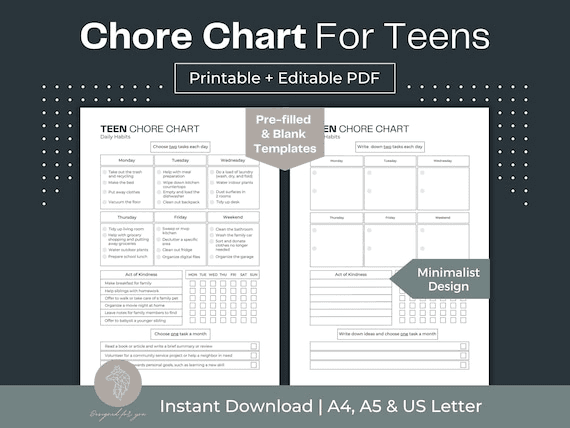 Teen Chore Chart Printable: Fillable PDF, Cleaning Planner (a4/a5 ...