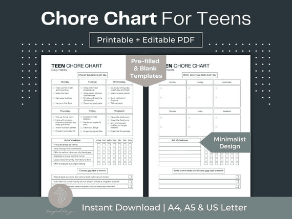 Teen Chore Chart Printable: Fillable PDF, Cleaning Planner (a4/a5 ...