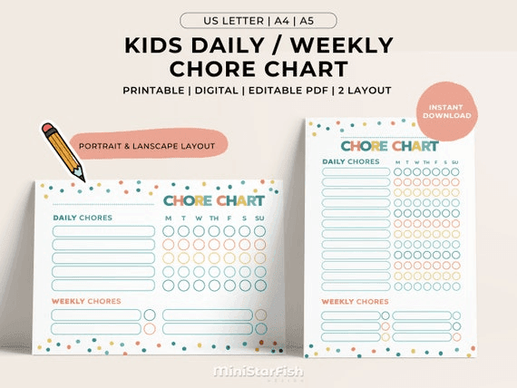 Daily Weekly Chore Chart for Kids, Responsability Chart, Portrait ...