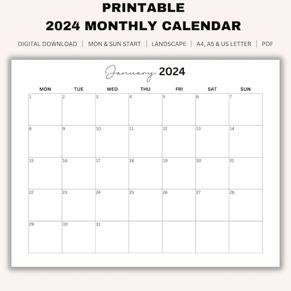 Printable 2024 Monthly Calendar Landscape, Year Calendar ...