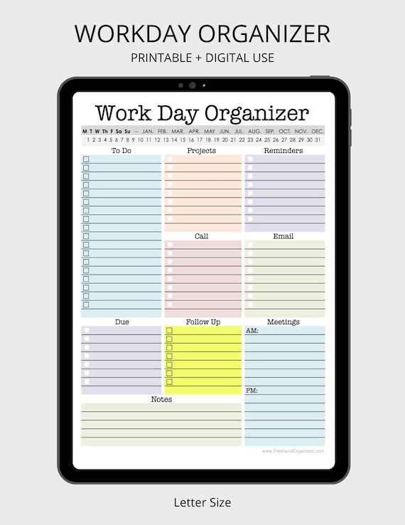 Work Day Organizer - Planner Page, Work Planner, Printable Planner ...
