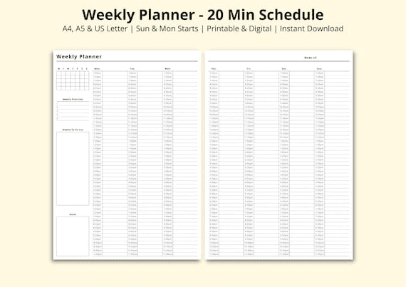 20 Minute Weekly Planner, 7 Day Time Blocking PDF, Weekly Schedule ...