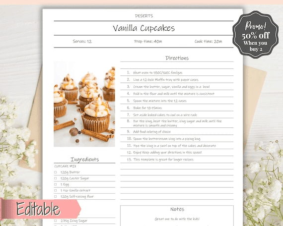 EDITABLE Recipe Book Template, Recipe Sheet Template, Recipe Cards ...