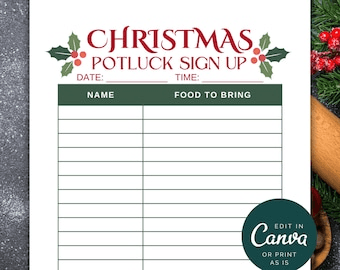 Christmas Potluck Sign up Sheet Template, Printable Holiday ...
