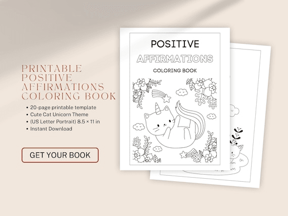 Positive Affirmations Coloring Book | Cat Unicorn Theme (digital ...