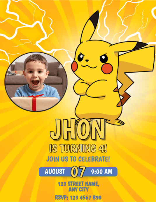 Editable Pikachu Pokemon Birthday Invitation with photo Template ...
