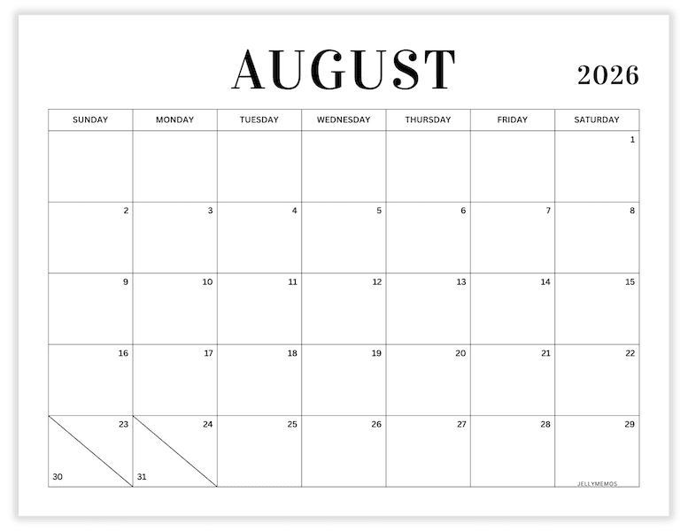 Minimal Calendar Printable Templates For 2026 - JellyMemos