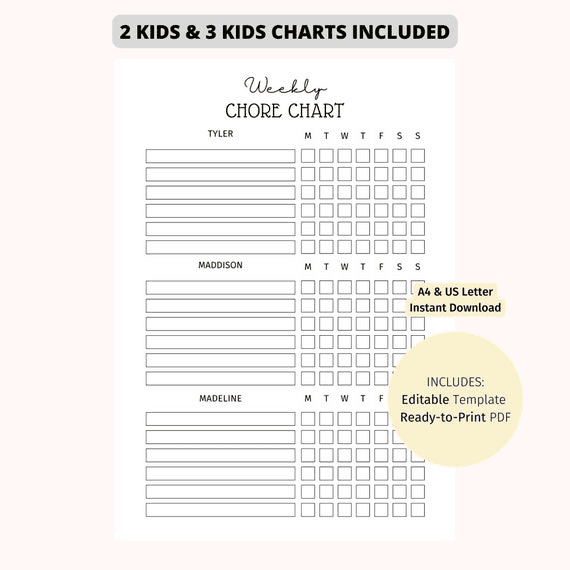 EDITABLE Multiple Kids Weekly Chore Chart - Minimalist | 2 Kids ...