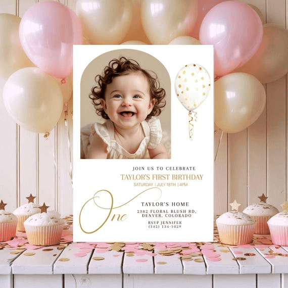Balloon 1st Birthday Photo Invitation Editable Template, Minimal ...