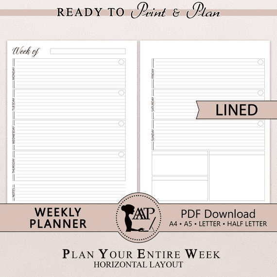 Weekly Planner Printable | Horizontal Lined 2 Page Layout | Week ...