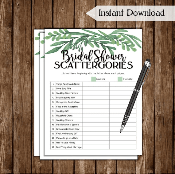 Scattergories Bridal Shower Game / Printable Wedding Shower Game ...