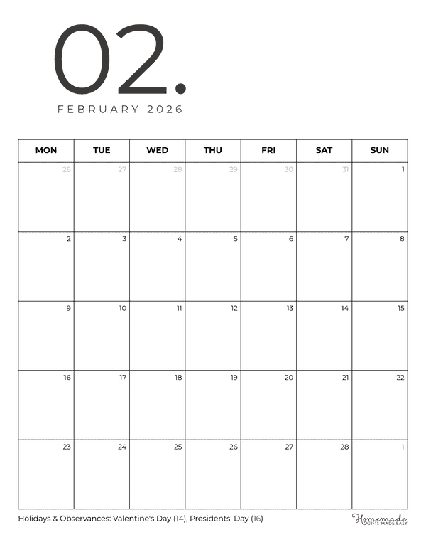 February 2026 Calendar Printable with Holidays