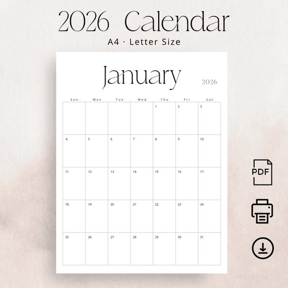 2026 Calendar 2026 Monthly Planner 2026 Wall Calendar PDF Stylish ...