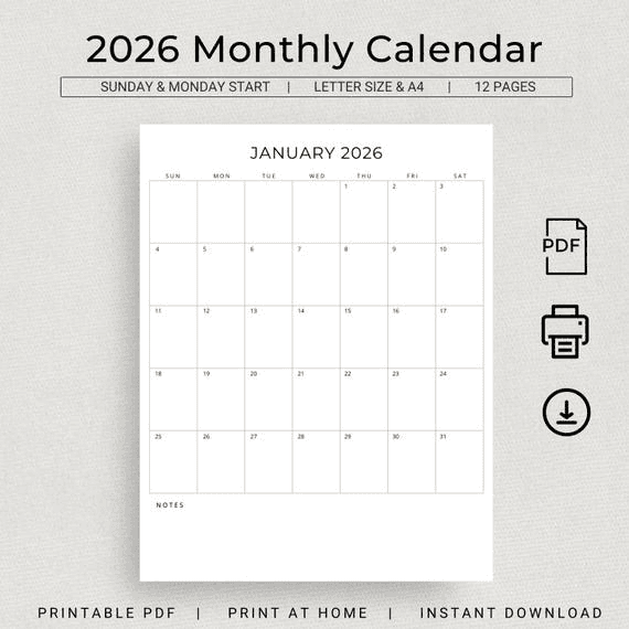 2026 Monthly Planner Portrait 2026 Calendar Printable Minimalist ...