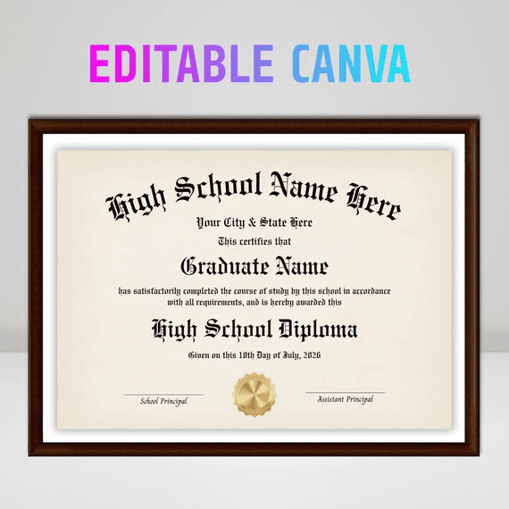 Editable High School Diploma Template Printable | Editable Canva ...