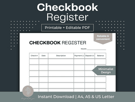 Printable Checkbook Register: Transaction Log, Fillable PDF (A4 ...