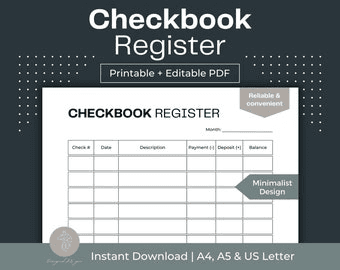 Printable Checkbook Register: Transaction Log, Fillable PDF (A4 ...