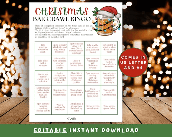 Editable Christmas Bar Crawl Bingo | Christmas Bar Crawl Bingo in ...