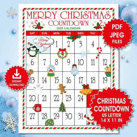Christmas Countdown 2025 Calendar, Printable Winter Bucket List ...