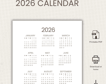 2026 Yearly Calendar 2026 Calendar Printable 2026 Wall Calendar ...